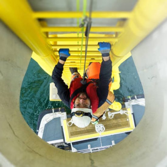 Manual high worker offshore climbing on wind-turbine on ladder and transfer vessel waiting under wind turbine